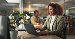 Happy woman, night or consultant with laptop or headphones at call center for online advice, help or assistance. Female person, agent and typing with smile on computer for customer service at office