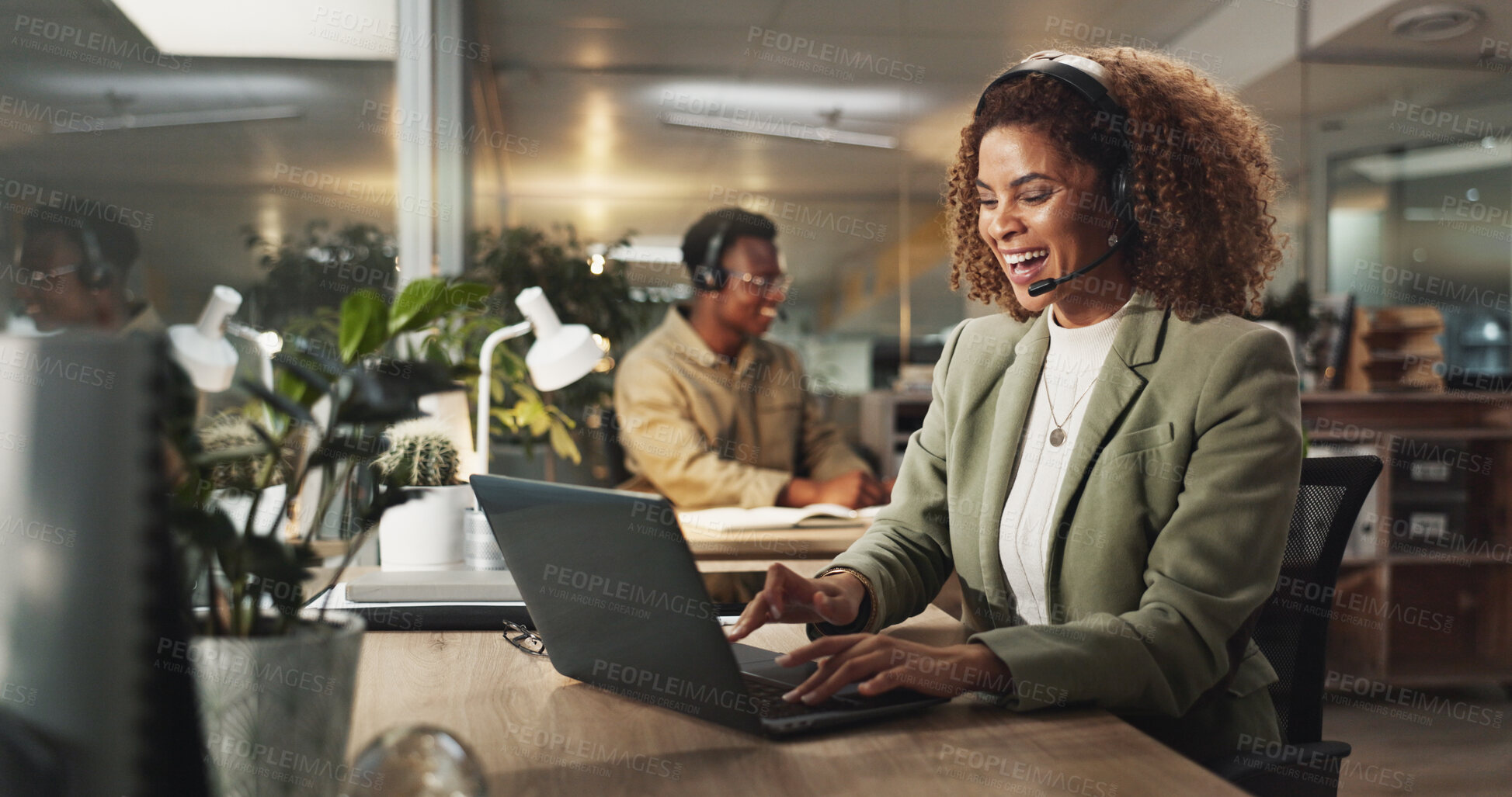 Buy stock photo Happy woman, night or consultant with laptop or headphones at call center for online advice, help or assistance. Female person, agent and typing with smile on computer for customer service at office