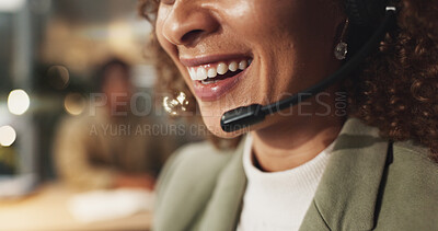 Buy stock photo Happy woman, mouth and call center with headphones for telemarketing, communication or online support at office. Closeup, consultant or agent with smile or mic for advice, telesales or CRM assistance