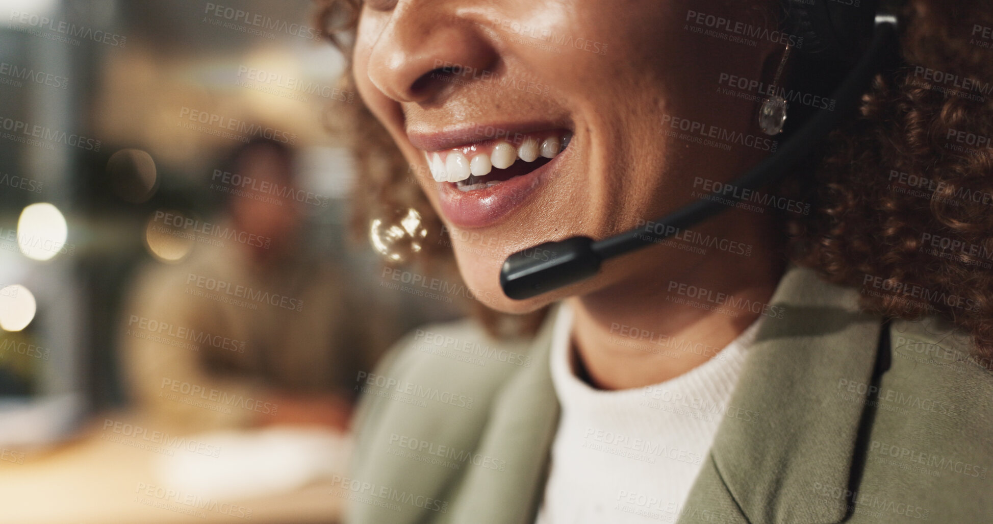 Buy stock photo Happy woman, mouth and call center with headphones for telemarketing, communication or online support at office. Closeup, consultant or agent with smile or mic for advice, telesales or CRM assistance