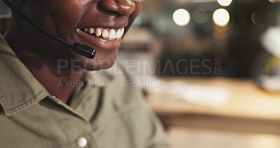 Buy stock photo Happy, black man and mouth with mic in call center for telemarketing, communication or online support at office. Closeup, African consultant or agent with smile for friendly advice, telesales or CRM