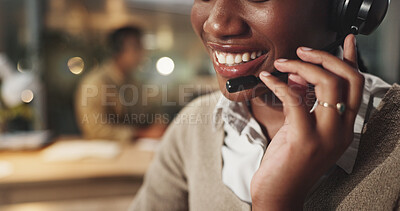 Buy stock photo Call center, mouth and microphone with business woman in office for consulting, contact us or financial advisor. Communication, networking and telemarketing with closeup of person for sales help desk