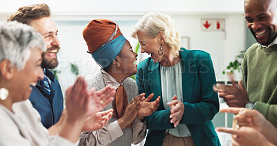 Buy stock photo Business people, teamwork and applause with achievement, funny and congratulations. Employees, happy coworkers and group in modern office, clapping and success with collaboration, smile and laughing