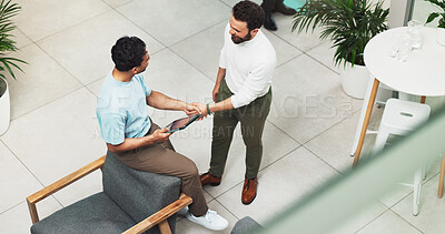 Buy stock photo Business people, tablet or top view of handshake agreement for greeting, meeting or partnership. Collaboration, office and applicant with manager for B2B support, introduction and recruitment deal