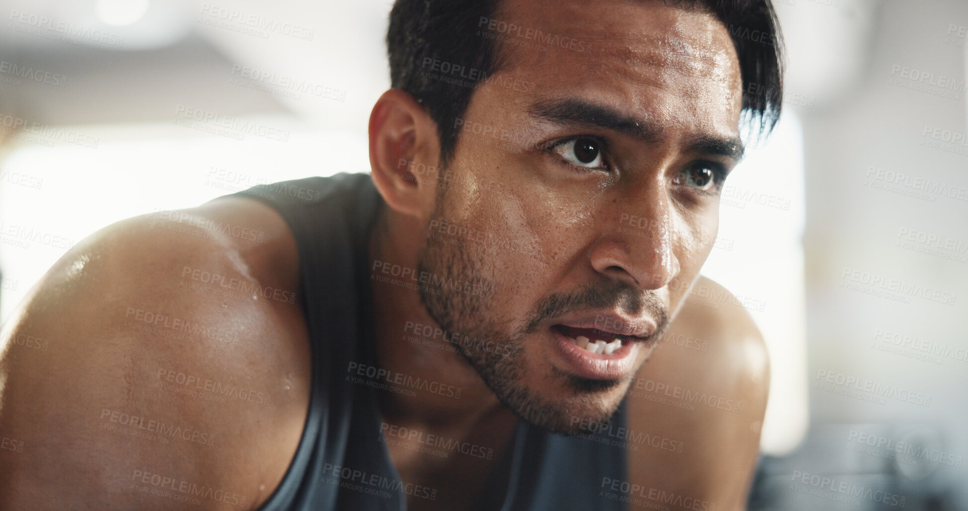 Buy stock photo Gym, asian man and tired with sweat for fitness, cardio training and exhausted for health workout. Breathing, male person and bodybuilder with thinking for exercise session, wellness and challenge