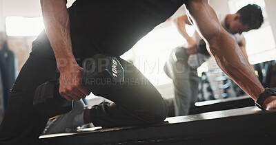 Buy stock photo Fitness, hands and men in gym with weights for bodybuilding training, exercise and workout. Sports, dumbbells and people with weightlifting equipment for muscle strength, wellness and challenge