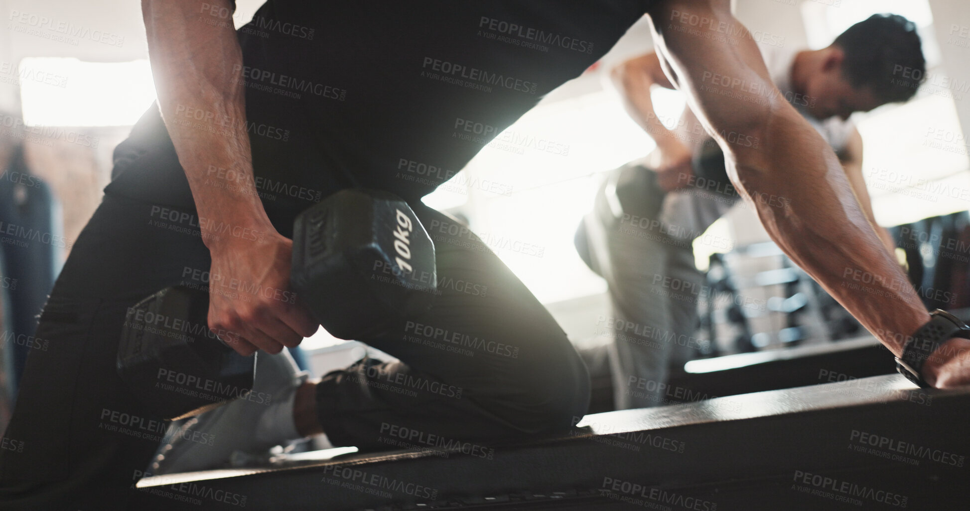 Buy stock photo Fitness, hands and men in gym with weights for bodybuilding training, exercise and workout. Sports, dumbbells and people with weightlifting equipment for muscle strength, wellness and challenge