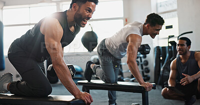 Buy stock photo Fitness, personal trainer and men in gym with weights for bodybuilding training, exercise and workout. Sports, serious and people with weightlifting equipment for muscle strength, health or challenge