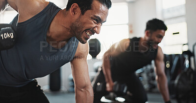 Buy stock photo Fitness, serious and men in gym with weights for bodybuilding training, exercise and workout. Sports, personal trainer and people with weightlifting equipment for muscle strength, health or challenge