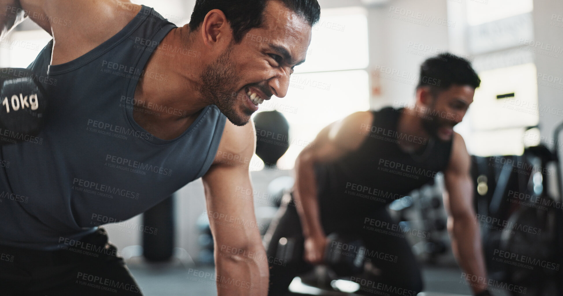 Buy stock photo Fitness, serious and men in gym with weights for bodybuilding training, exercise and workout. Sports, personal trainer and people with weightlifting equipment for muscle strength, health or challenge