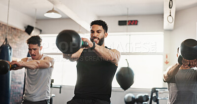 Buy stock photo Fitness, kettle bell and men in gym with weights for bodybuilding training, exercise class and intense workout. Sports, serious and people with equipment for muscle strength, health and challenge