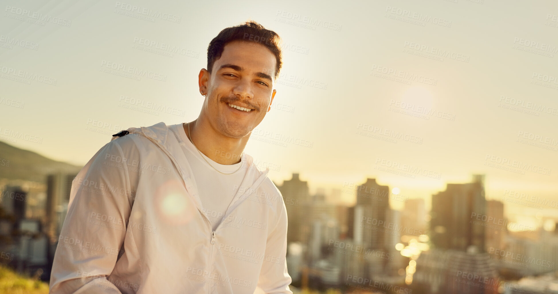 Buy stock photo City, fitness and portrait of man runner outdoor for cardio or marathon training at sunrise. Exercise, smile and workout with happy athlete person in urban town for health, improvement or wellness