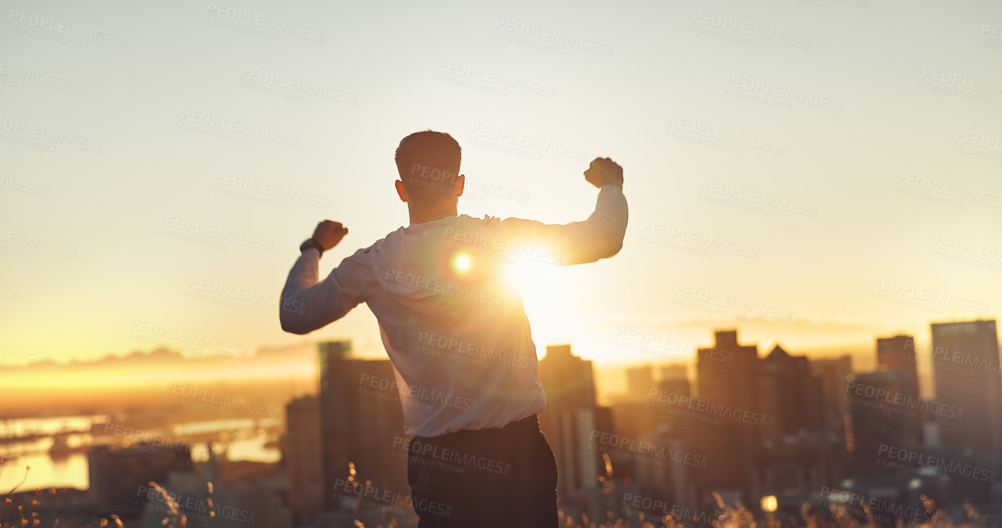 Buy stock photo Man, lens flare and sunset with exercise, training and city for fitness or cardio workout. Athlete, person and runner on mountain for wellness, health and summer marathon performance or endurance