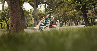 Buy stock photo Relax, senior couple and dog in park for bonding, fitness break and companion in retirement outdoor. Married people, man and woman with golden retriever as animal, friendly pet or commitment on bench