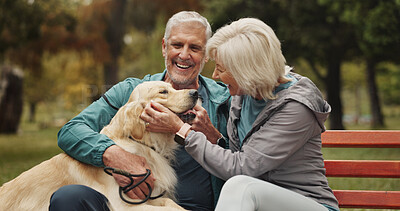 Buy stock photo Dog, outdoor and old couple on bench, smile and conversation with animal lover. Park, pet and happy senior man with old woman, bonding together and relationship with break, relax and retirement