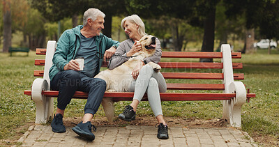 Buy stock photo Dog, park and senior couple on bench, smile and conversation with animal lover. Outdoor, pet and happy old man with mature woman, bonding together and relationship with break, relax and retirement