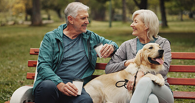Buy stock photo Dog, park and old couple on bench, coffee and conversation with animal lover. Outdoor, pet and senior man with mature woman, bonding together and relationship with herbal tea, smile and retirement
