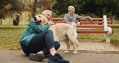 Buy stock photo Outdoor, old couple and man with dog for hug, bonding or fitness break in retirement by park bench. Senior people, woman and partner with golden retriever as animal, friendly pet or playful companion