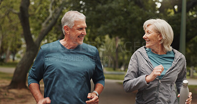 Buy stock photo Senior couple, running and happy in park for conversation with speed, steps and fitness in morning. People, man and woman with talking, partner and exercise in nature, path and training in Germany