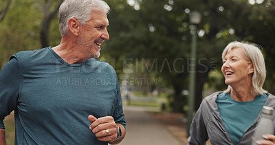 Buy stock photo Outdoor, park run and mature couple with talk, smile and calm from exercise and fitness with bottle. Nature, happy and people with drink, training and workout for health in the morning on weekend