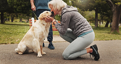 Buy stock photo Outdoor, old couple and woman with dog for kiss, bonding and fitness break with embrace for companion. Senior people, partner and lady with golden retriever as animal, friendly pet or loyalty in park