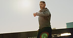 Mature man, runner and fitness in city with smart watch check for exercise progress, breathing and workout. Stopwatch, bridge and athlete outdoor for health, wellness and road for endurance training