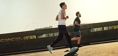 Buy stock photo Men, runner and friends for fitness in city on bridge for training, challenge and prepare for marathon on road. People, partnership and coach in morning, street and exercise together in Costa Rica