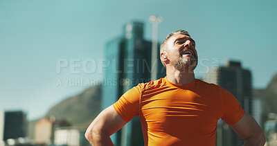 Buy stock photo Exercise, tired and man in city, sports and exhausted with challenge, workout and wellness. Mature person, outdoor and runner with fitness, training or health with fatigue, athlete and routine