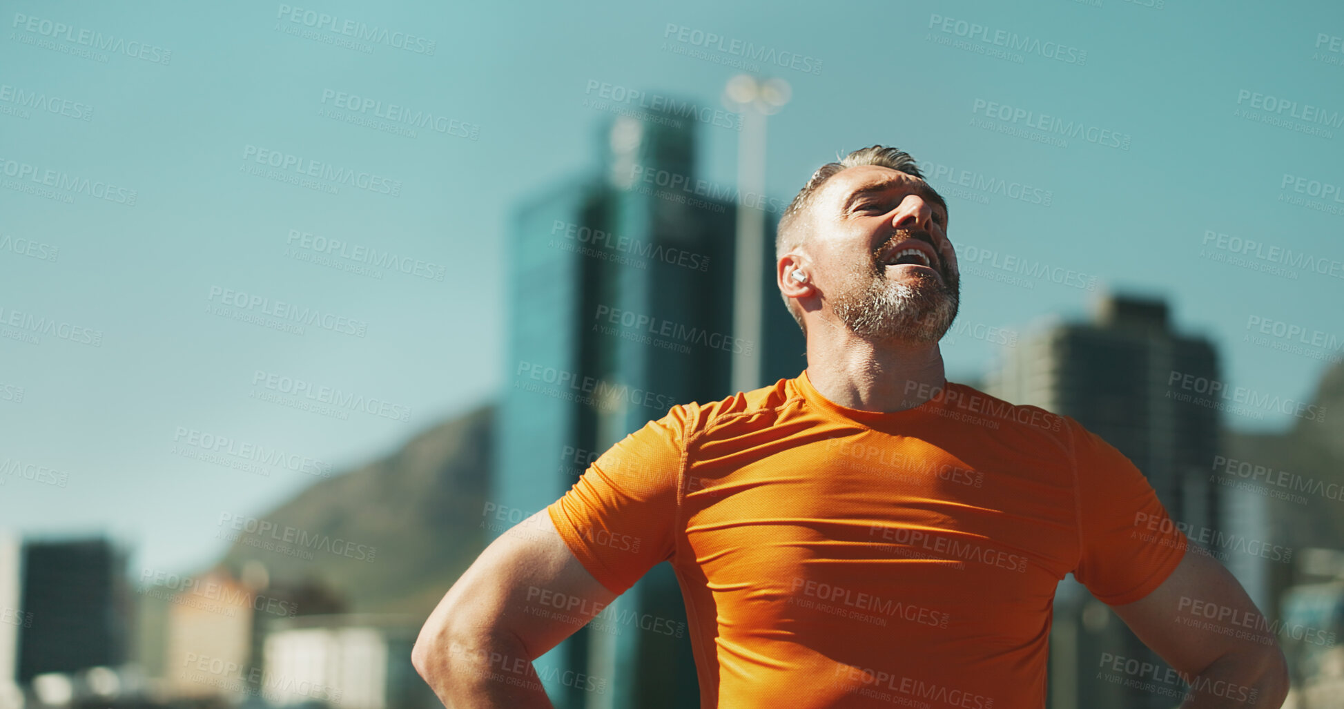 Buy stock photo Exercise, tired and man in city, sports and exhausted with challenge, workout and wellness. Mature person, outdoor and runner with fitness, training or health with fatigue, athlete and routine