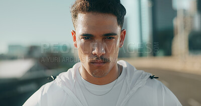 Buy stock photo Fitness, man and portrait in city with break, rest and determination for workout progress. Face, athlete and sweaty in Puerto Rico with ambition, wellness and commitment for healthy body in challenge