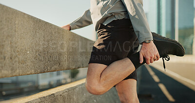 Buy stock photo Man, city and stretching legs for training, warm up and road for cardio preparation. Male person, urban street and athlete feet for sports workout, getting ready and closeup of exercise activity