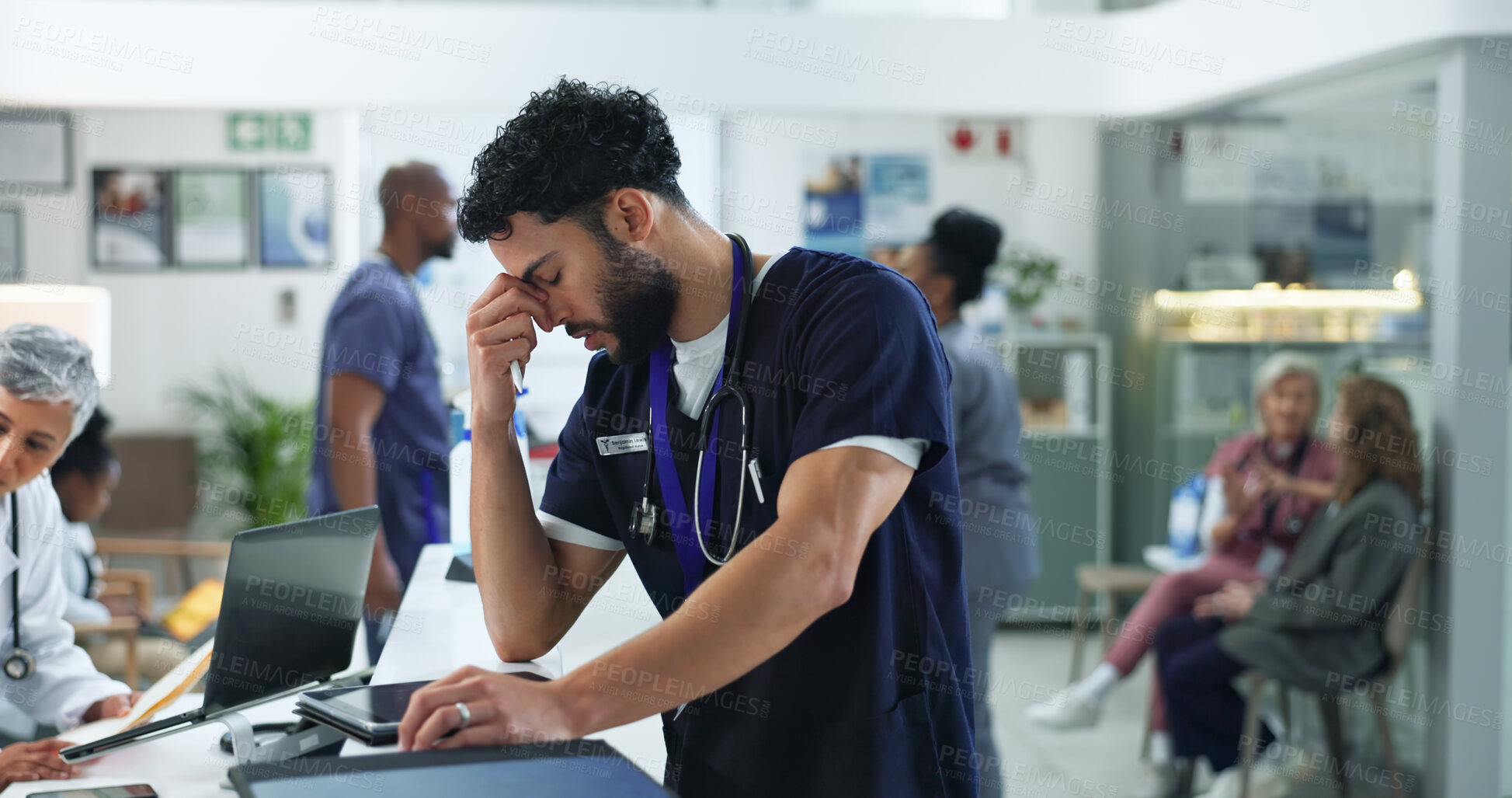 Buy stock photo Nurse, headache and man with stress, burnout and fatigue with mental health challenge in hospital. Surgeon, migraine and medical professional with depression, tired and sick or exhausted in clinic