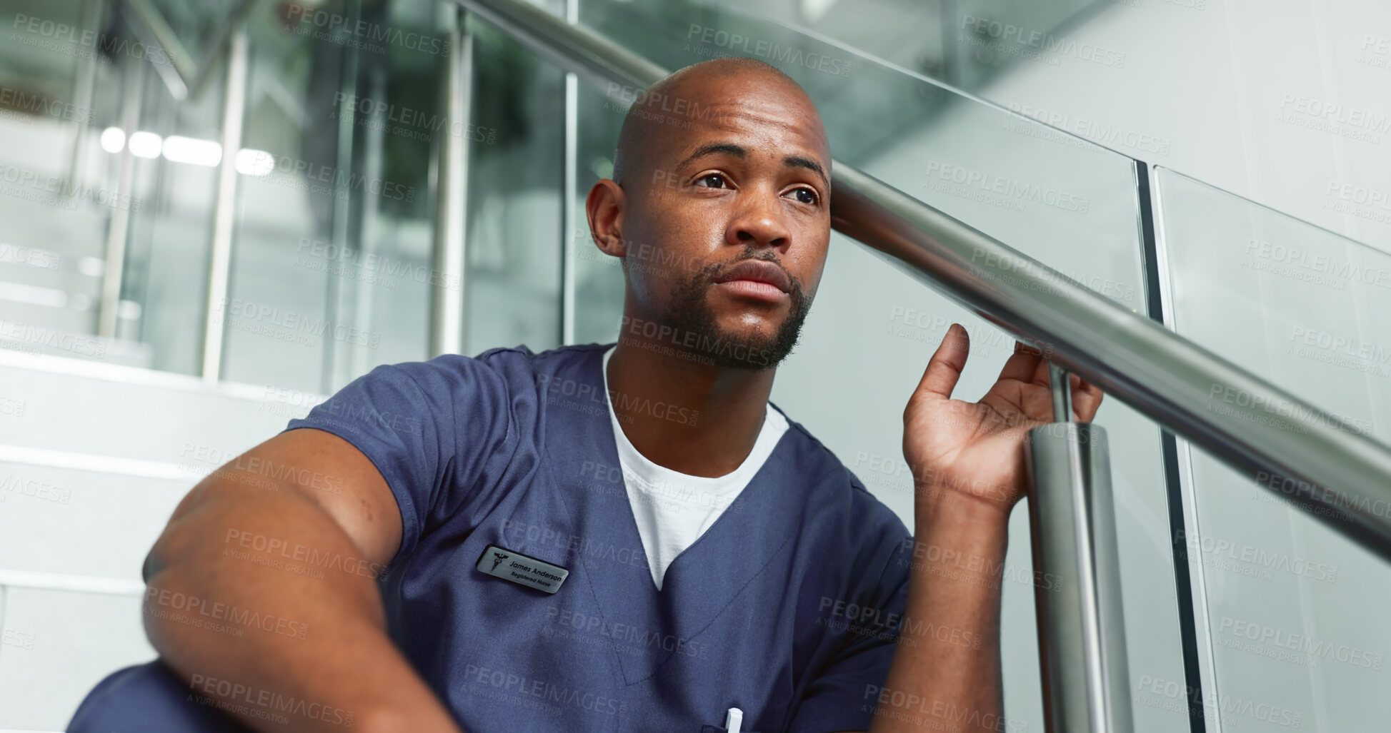 Buy stock photo Nurse, sad and black man with stress, depression or regret patient loss on steps in hospital. Surgeon, professional or anxiety for medical fail, challenge or thinking of healthcare mistake in clinic