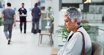 Buy stock photo Thinking, sad and senior woman in clinic, grief and depression with emotions. Thoughts, mature person and old lady with results, medical and fear of cancer with loss, healthcare and hospital