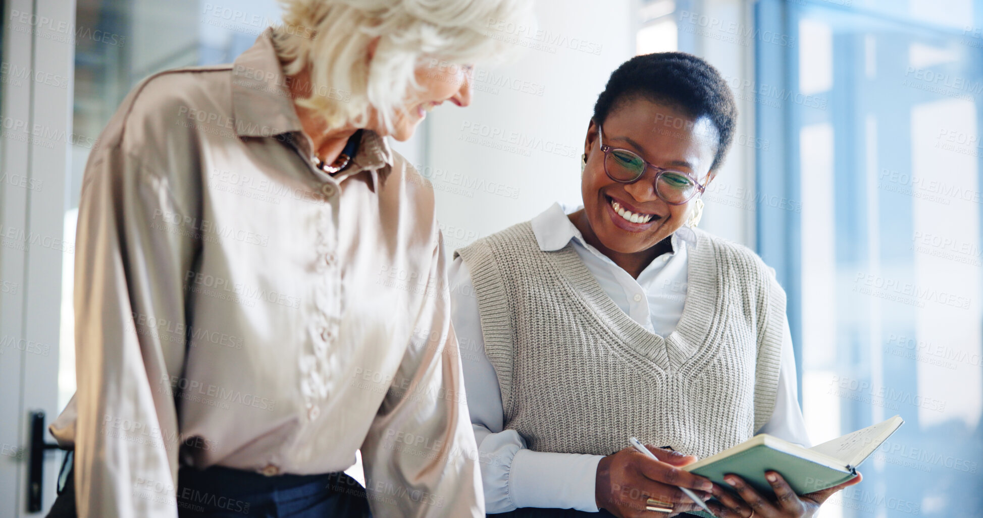 Buy stock photo Business, journalism or women in meeting with diary, teamwork or journalist for agenda in office. Happy people, writers or magazine editor with deadline for article schedule, brief or research notes