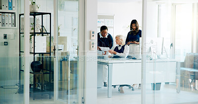 Buy stock photo Documents, business or women in meeting with legal advisor for court case, discussion or research. People, glass window or lawyer with attorney, paperwork or portfolio at law firm for feedback review