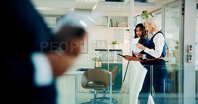 Buy stock photo Business women, talk and office with walk, collaboration and paperwork from teamwork and discussion. Lawyer, conversation and attorney workers together with diversity of professional team at law firm