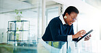 Black woman, tablet and office with lawyer, smile and legal case on digital networking. Technology, app and professional with labour law email, website and attorney archive for research at company