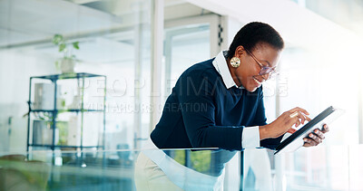 Buy stock photo Black woman, tablet and office with lawyer, smile and legal case on digital networking. Technology, app and professional with labour law email, website and attorney archive for research at company