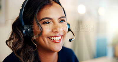 Buy stock photo Headset, agent or happy woman in telecom call center for consulting, solution or loan service. Smile, face or Indian virtual assistant talking for outsourcing telemarketing sales or online advice