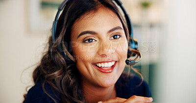 Buy stock photo Telecom, agent or happy woman on computer in call center for consulting, solution or loan advice. Headset, face or Indian virtual assistant talking for telemarketing sales or online communication