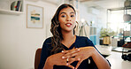 Video call, woman and talk in office for interview, virtual meeting or online discussion. Applicant POV, female HR officer and communication for contract information or job requirements in webinar