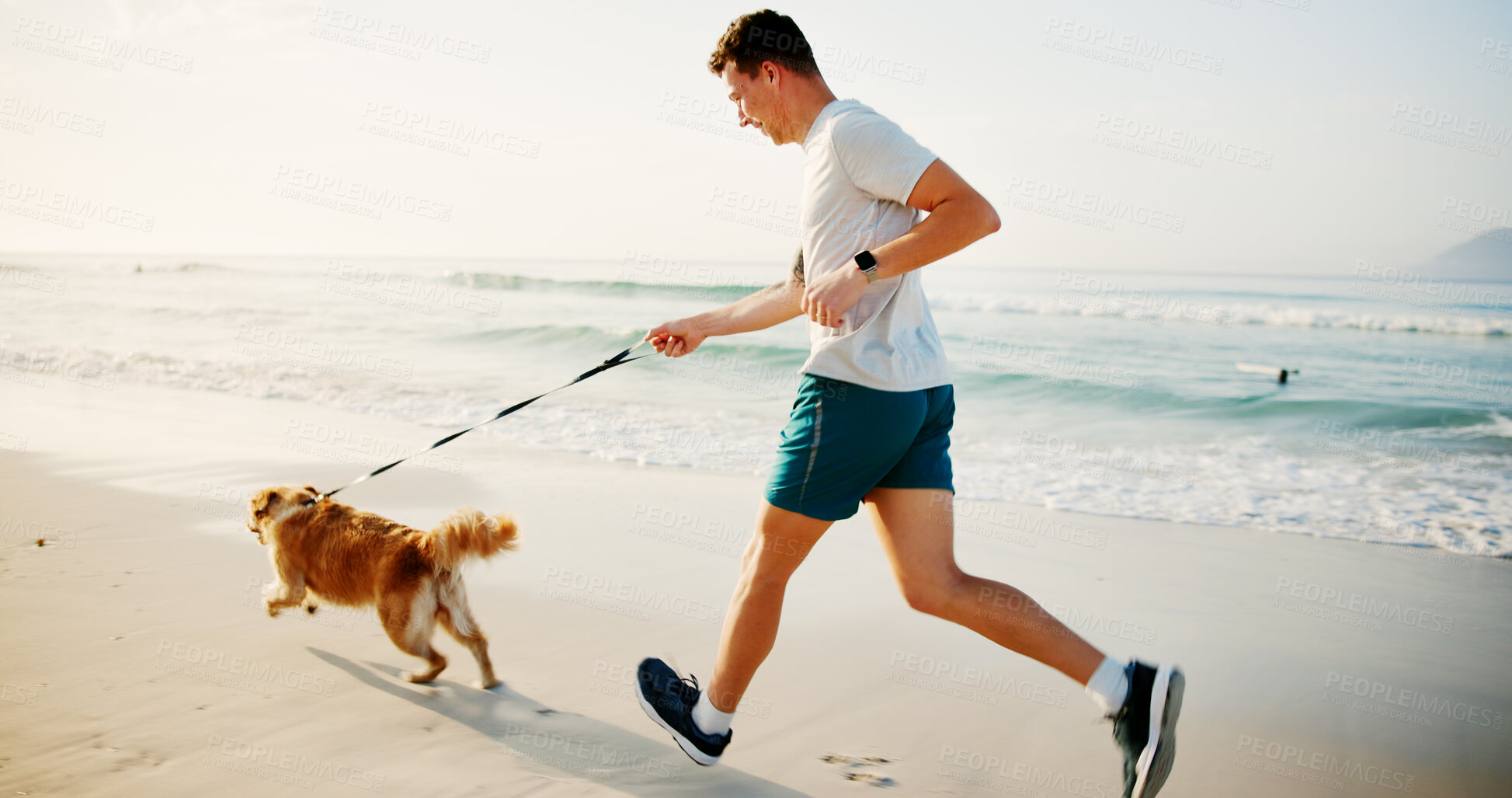 Buy stock photo Beach, man and running with dog, exercise and athlete with animal, morning and fitness with owner. Holiday, outdoor and workout with pet, healthy and golden retriever with leash, travel and Brazil