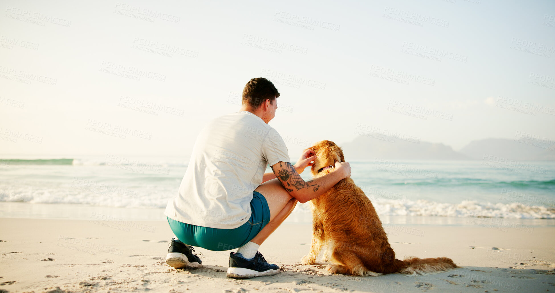 Buy stock photo View, man and affection to dog at beach for nature scenery, sightseeing or travel adventure with relax. Back, owner and pet animal by seaside for bonding, exploring together or fresh air with mockup