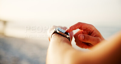 Buy stock photo Hands, fitness and check smart watch outdoor at beach to scroll health information, training progress or steps. Closeup, technology and person with wristwatch for sports, time or heart rate for pulse