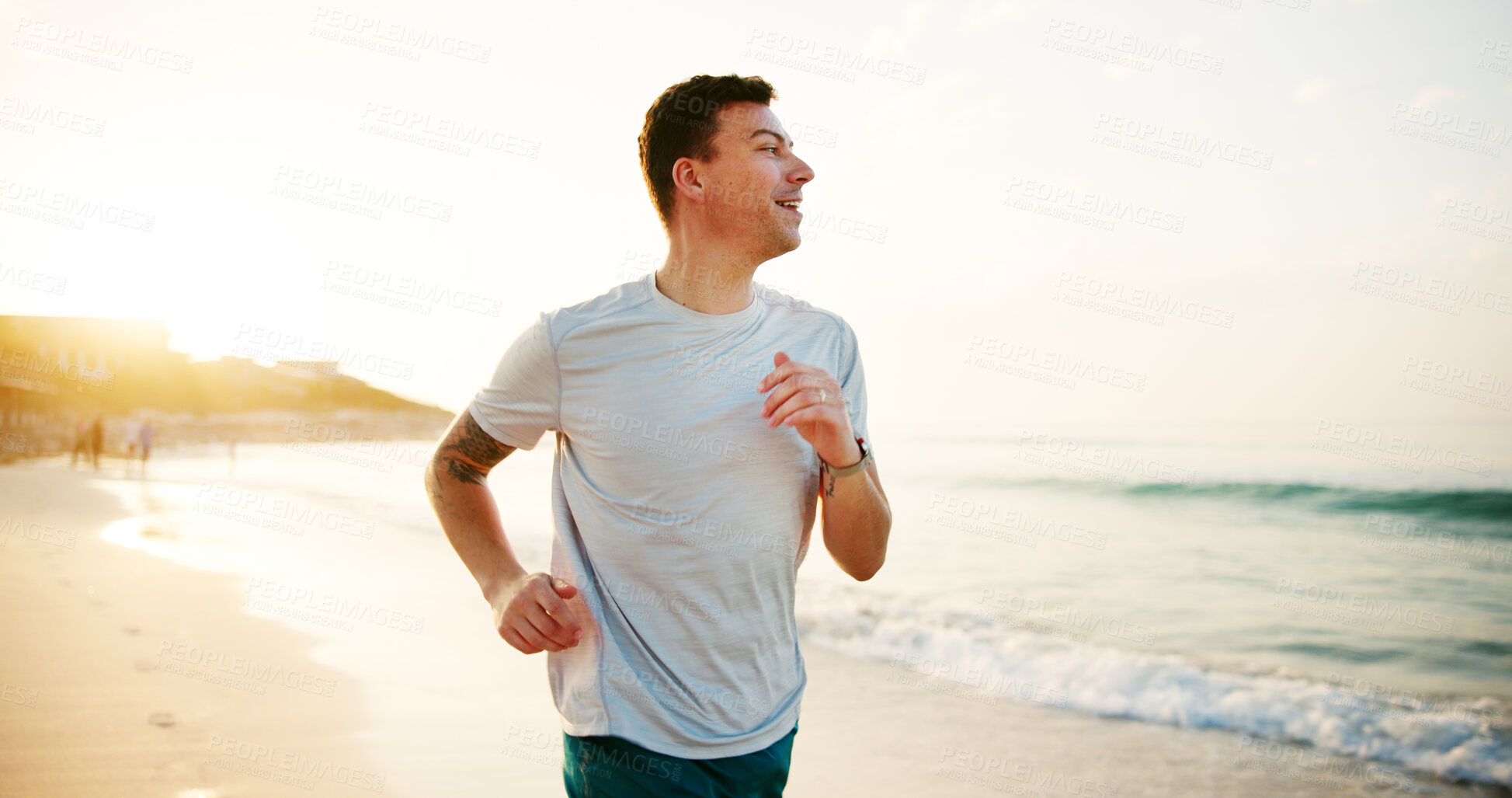 Buy stock photo Fitness, man and running on beach for exercise, wellness and endurance training at space. Runner, cardio and happy athlete at ocean with energy, physical health and resilience at California seaside