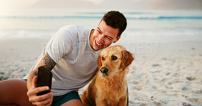 Buy stock photo Dog, beach and man with summer, exercise and outdoor training with animal by sea. Happy, social media and holiday in Miami with golden retriever, smile and morning with vacation and fun by ocean