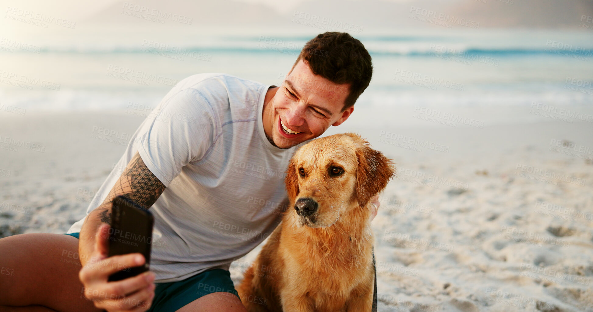 Buy stock photo Dog, beach and man with summer, exercise and outdoor training with animal by sea. Happy, social media and holiday in Miami with golden retriever, smile and morning with vacation and fun by ocean