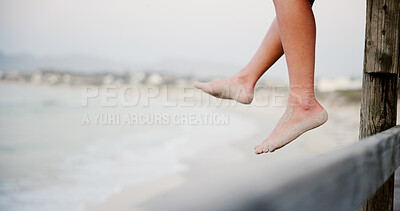 Buy stock photo Person, legs and beach sand for vacation, travel and outdoor for peaceful waves in nature. Feet, bare and weekend trip for calm adventure on tropical island, relax and earth for freedom by water