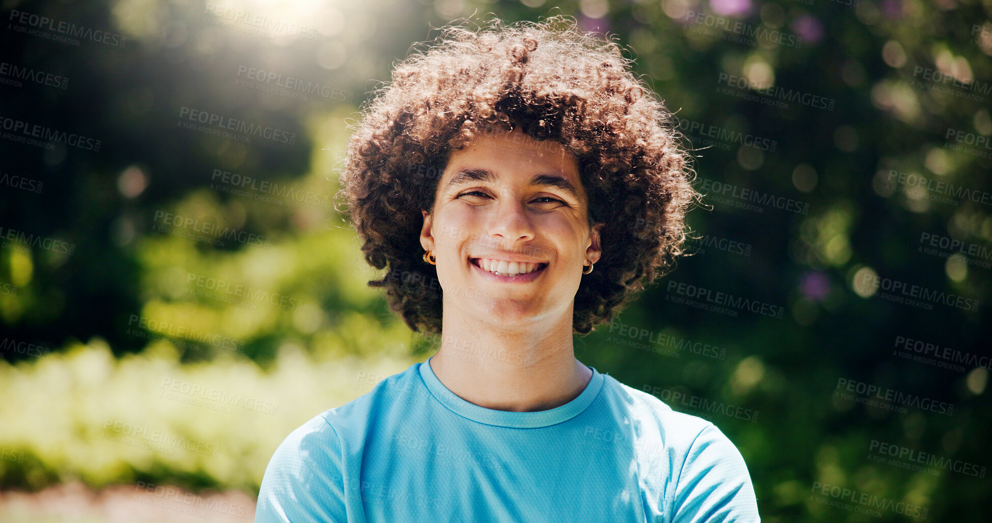 Buy stock photo Happy, sports and portrait of man in nature with body workout for wellness, health and training. Smile, fitness and male athlete from Brazil with cardio exercise outdoor in park for running.